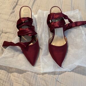 Lulu's Deep Red Satin Wrap Heels